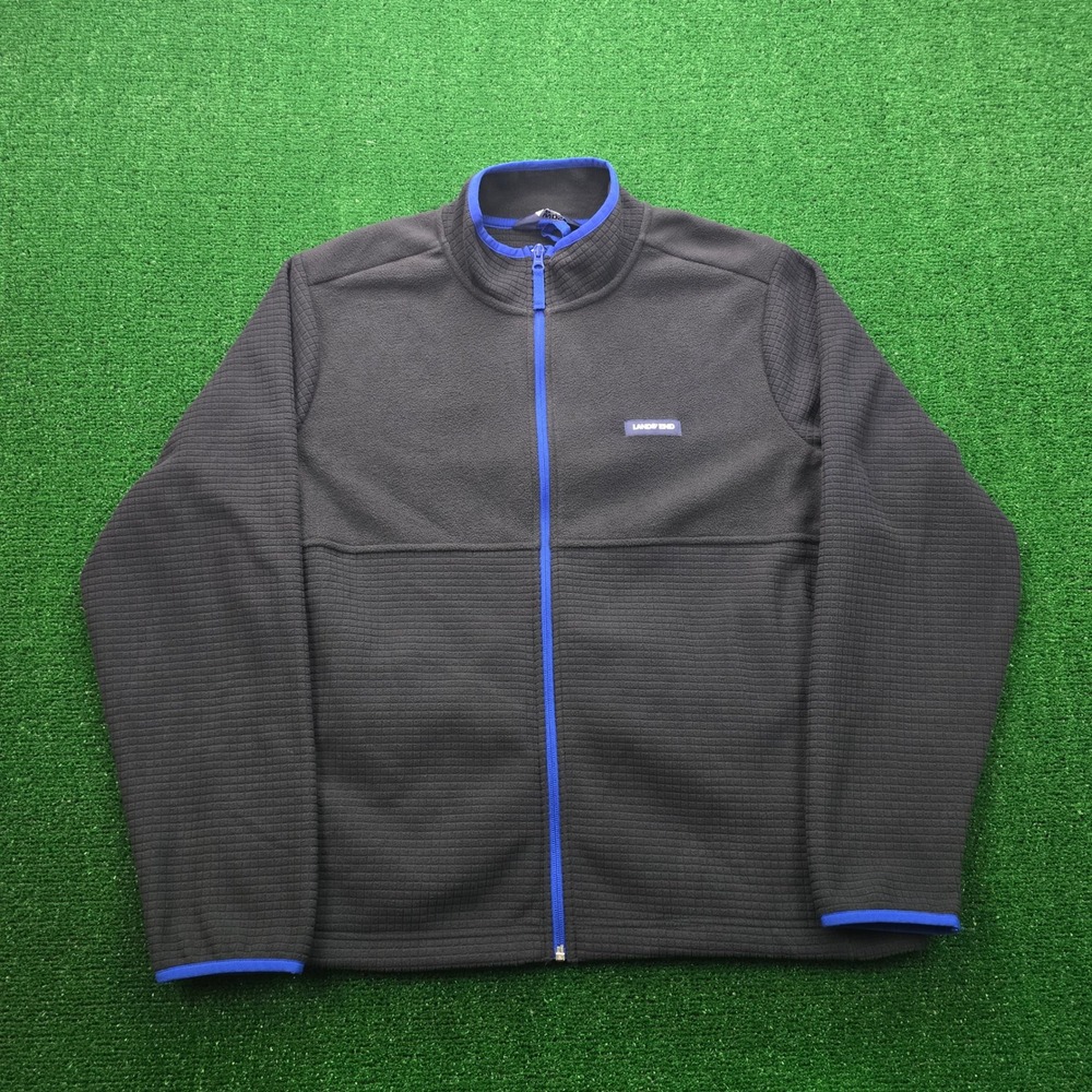 Lands End Grid Fleece Jacket Mens Large Black Full Zip Outdoors Hiking‎ Casual